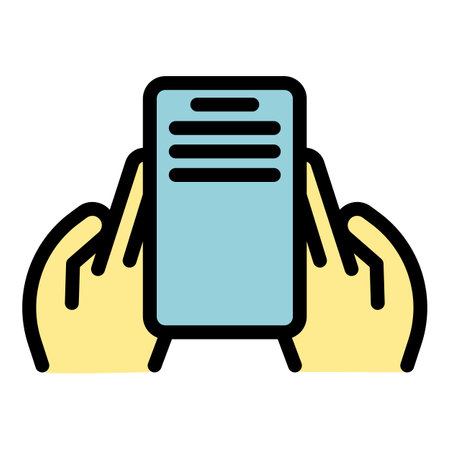 Human hands holding mobile icon outline vector. Phone screen. Using cellphone color flatのイラスト素材