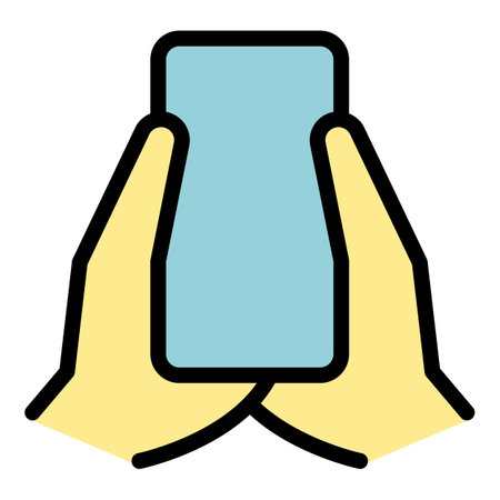 Palm holding phone icon outline vector. Hand mobile. Using cell color flatのイラスト素材