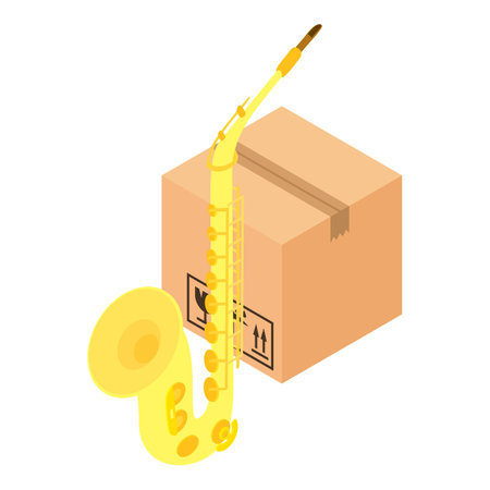 Saxophone icon isometric vector. Wind musical instrument near closed parcel box. Cargo transportation and delivery conceptのイラスト素材
