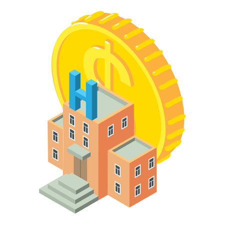 Medical business icon isometric vector. Hospital building and dollar sign coin. Medicine and healthcare conceptのイラスト素材