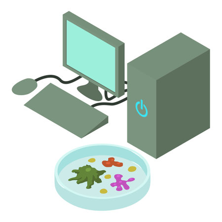 Lab research icon isometric vector. Computer and petri dish with microorganism. Medicine and healthcare conceptのイラスト素材