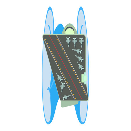 Aircraft carrier icon isometric vector. Military ship with fighter aircraft icon. Warship, navy, storm wave, top viewのイラスト素材