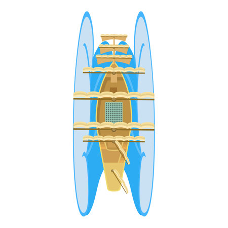 Sailing ship icon isometric vector. Old sea ship with white sail and ocean wave. Retro water transport, brigantine, top viewのイラスト素材
