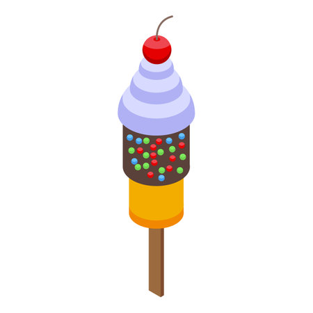 Stick banana split icon isometric vector. Cherry cream. Chocolate iceのイラスト素材