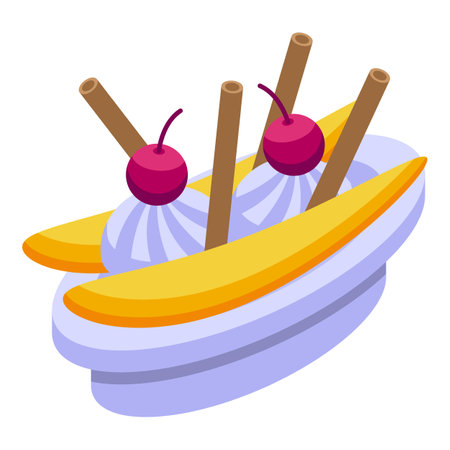 Vanilla banana split icon isometric vector. Cherry bowl. Fruit snackのイラスト素材