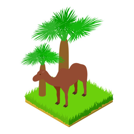 Camel animal icon isometric vector. Arabian camel standing in green grass icon. Fauna, zoo dwellerのイラスト素材