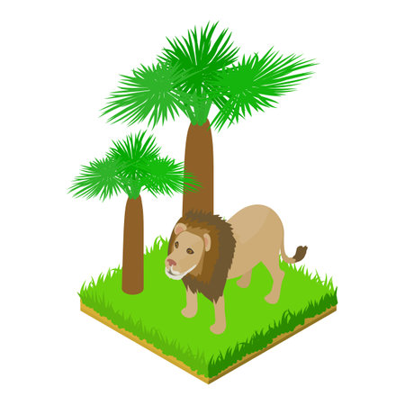 Lion animal icon isometric vector. Big adult lion standing in green grass icon. Fauna, wildlife, environmental protectionのイラスト素材
