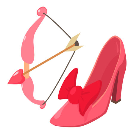 Wedding accessory icon isometric vector. Pink women festive shoes and cupid bow. Outfit, accessory, wedding conceptのイラスト素材
