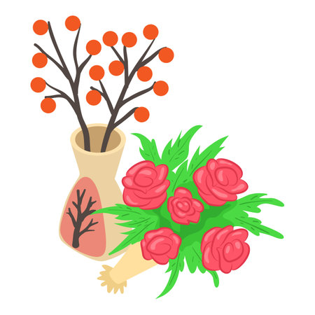 Flower bouquet icon isometric vector. Rose bouquet and decorative branch in vase. Interior detail, gift, decorのイラスト素材