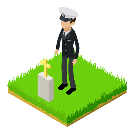 Sea captain icon isometric vector. Man captain character stand near friend grave. Military cemetery, remembrance dayのイラスト素材