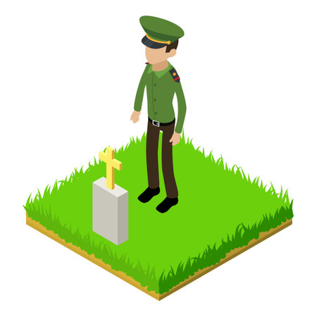 Army general icon isometric vector. Soviet general man stand near friend grave. Military cemetery, remembrance dayのイラスト素材