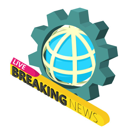 News icon isometric vector. Globe grid with inscription live breaking news icon. Screen saver, media, televisionのイラスト素材