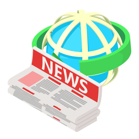Business news icon isometric vector. Arrow around globe grid and newspaper stack. Press, print media, mass mediaのイラスト素材