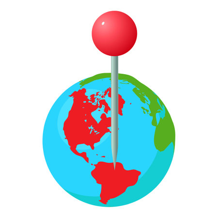 World pointer icon isometric vector. Planet earth globe with red gps pin icon. Location determination, navigationのイラスト素材