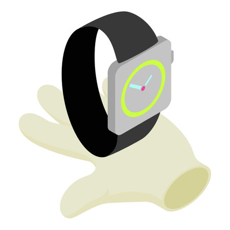 Wrist watch icon isometric vector. New modern wristwatch in open human palm icon. Electronic device, time conceptのイラスト素材