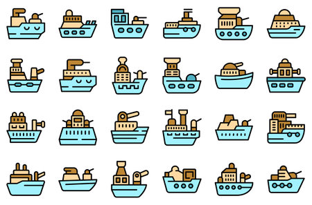 Warship icons set outline vector. Aircraft carrier. War boat thin line color on whiteのイラスト素材