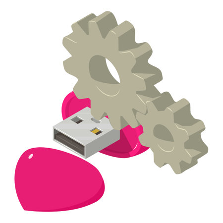 Bright device icon isometric vector. Pink portable heart shaped flash drive icon. Electronic device, modern technologyのイラスト素材