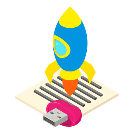 Startup concept icon isometric vector. Bright rocket document and flash drive. Creative idea, modern technologyのイラスト素材
