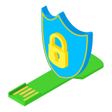 Data protected icon isometric vector. Shield with padlock image near flash drive. Storage device, modern technology, internet securityのイラスト素材