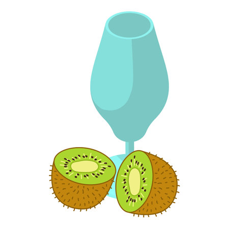 Kiwi drink icon isometric vector. Glass goblet near fresh ripe green kiwi half. Beverage concept, natural ingredientのイラスト素材