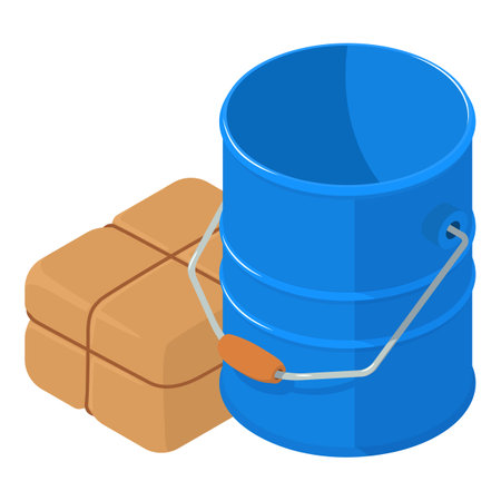 Fire equipment icon isometric vector. Blue metal empty sand bucket and package. Firefighter equipmentのイラスト素材