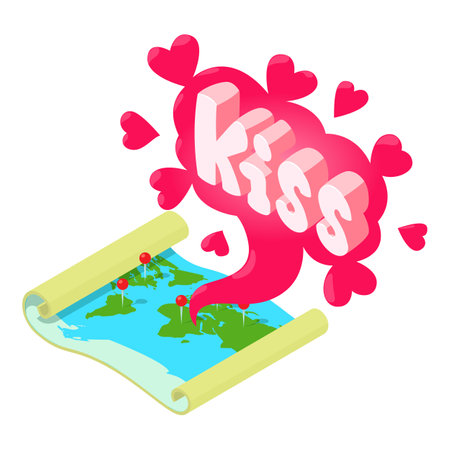 Kiss icon isometric vector. Open world map with red pin and kiss speech bubble. Comic speech bubbleのイラスト素材