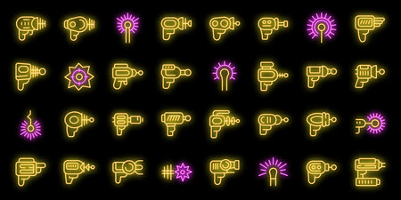 Laser gun beam icons set outline vector. Toy gun. Space alien neon color on blackのイラスト素材