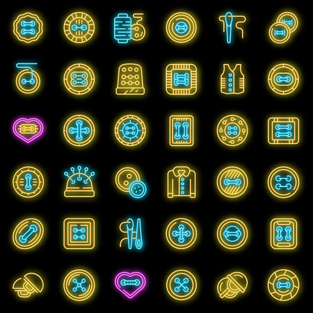 Cloth buttons icons set outline vector. Fashion circle. Sew yarn neon color on blackのイラスト素材