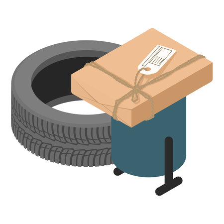 Reuse concept icon isometric vector. Worn car tire and parcel box near dumpster. Industrial trash, environmental problemのイラスト素材