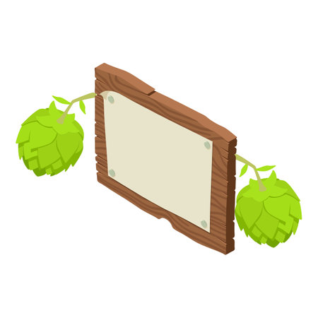 Drink ingredient icon isometric vector. Wood bar signboard and green hop flower. Alcoholic beverage productionのイラスト素材