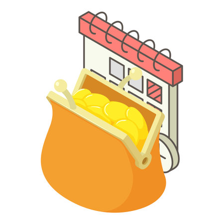 Tax period icon isometric vector. Retro wallet with gold coin and flip calendar. Taxation concept, financeのイラスト素材