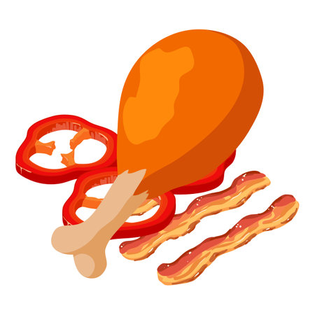 Meat food icon isometric vector. Fried chicken leg near bacon slice and pepper. Food concept, protein productのイラスト素材