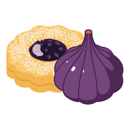 Exotic dessert icon isometric vector. Fruit cookie with jam near ripe fresh fig. Dessert, food...