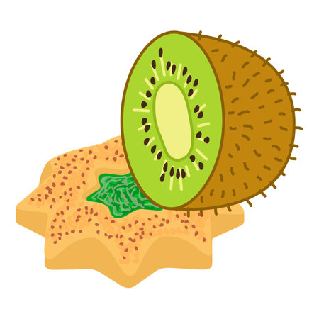 Kiwi dessert icon isometric vector. Fruit cookie with jam near fresh kiwi half. Dessert, food conceptのイラスト素材