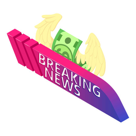 Breaking news icon isometric vector. Breaking news lettering and winged dollar. Funding, media conceptのイラスト素材