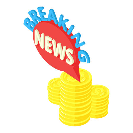 World news icon isometric vector. Breaking news inscription on golden coin stack. Funding, mediaのイラスト素材