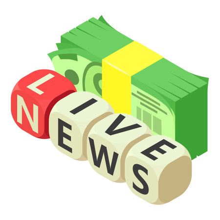 News screensaver icon isometric vector. Live news inscription and dollar stack. Funding, media, televisionのイラスト素材