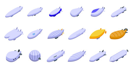 Airship icons set isometric vector. Aur zeppelin. Ship flightのイラスト素材