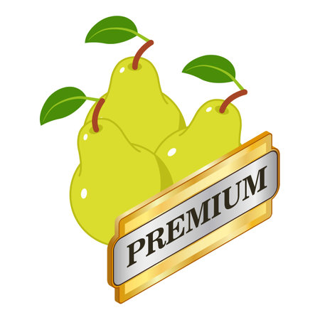 Organic pear icon isometric vector. Fresh ripe green pear near big premium sign. Quality concept, food, organic fruitのイラスト素材