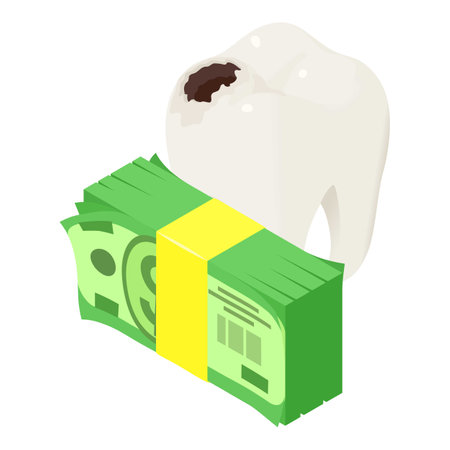 Caries treatment icon isometric vector. Caries damaged tooth near dollar stack. Dentistry, stomatology, healthcare conceptのイラスト素材