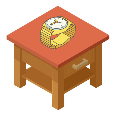 Wrist watch icon isometric vector. Golden wristlet watch on wooden bedside table. Time concept, accessoryのイラスト素材