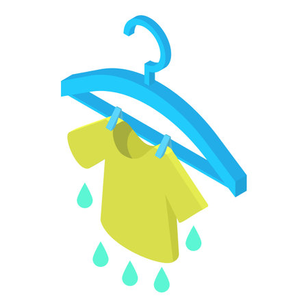 Drying linen icon isometric vector. Wet green tshirt drying on clothes hanger. Laundry, drying, householdのイラスト素材