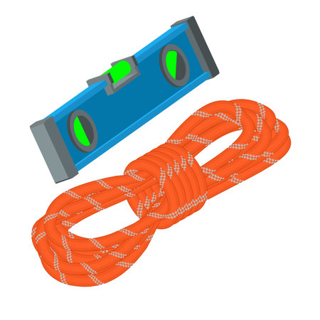 Climber equipment icon isometric vector. Folded red rope and construction level. Alpinism, mountaineering conceptのイラスト素材