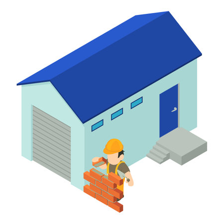 Construction icon isometric vector. Worker laying brick near utility building. construction site, bricklayingのイラスト素材