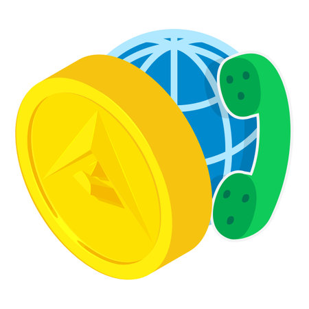 Ark cryptocurrency icon isometric vector. Golden ark coin near globe and handset. Digital money, cryptocurrency conceptのイラスト素材