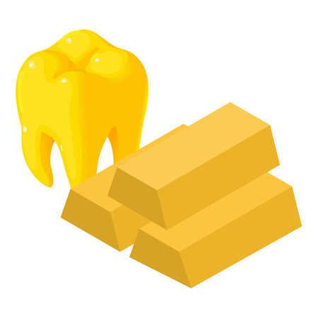 Dental medicine icon isometric vector. Yellow human tooth model and golden bar. Dentistry, stomatology, healthcare conceptのイラスト素材