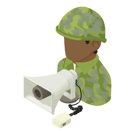 Military man speech icon isometric vector. Militaryman character with loudspeaker. public speaking, announcementのイラスト素材