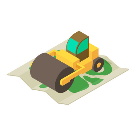 Road work icon isometric vector. Large yellow road roller on big area map icon. Construction work, building siteのイラスト素材