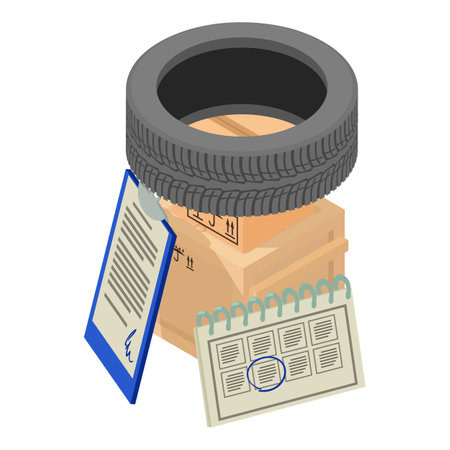 Warehouse storage icon isometric vector. Car tire on postal parcel and clipboard. Warehousing conceptのイラスト素材