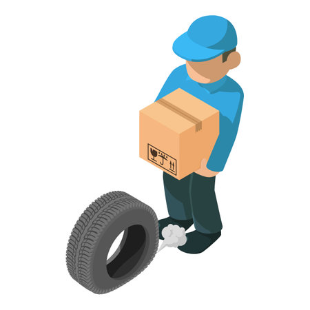 Delivery concept icon isometric vector. Male courier with box hand and car tire. Shipping serviceのイラスト素材